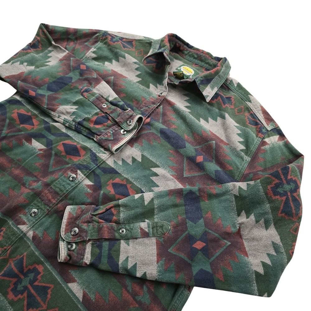 Cabelas Flannel Shirt Women XL Green Southwestern Aztec Print Cotton Button Up